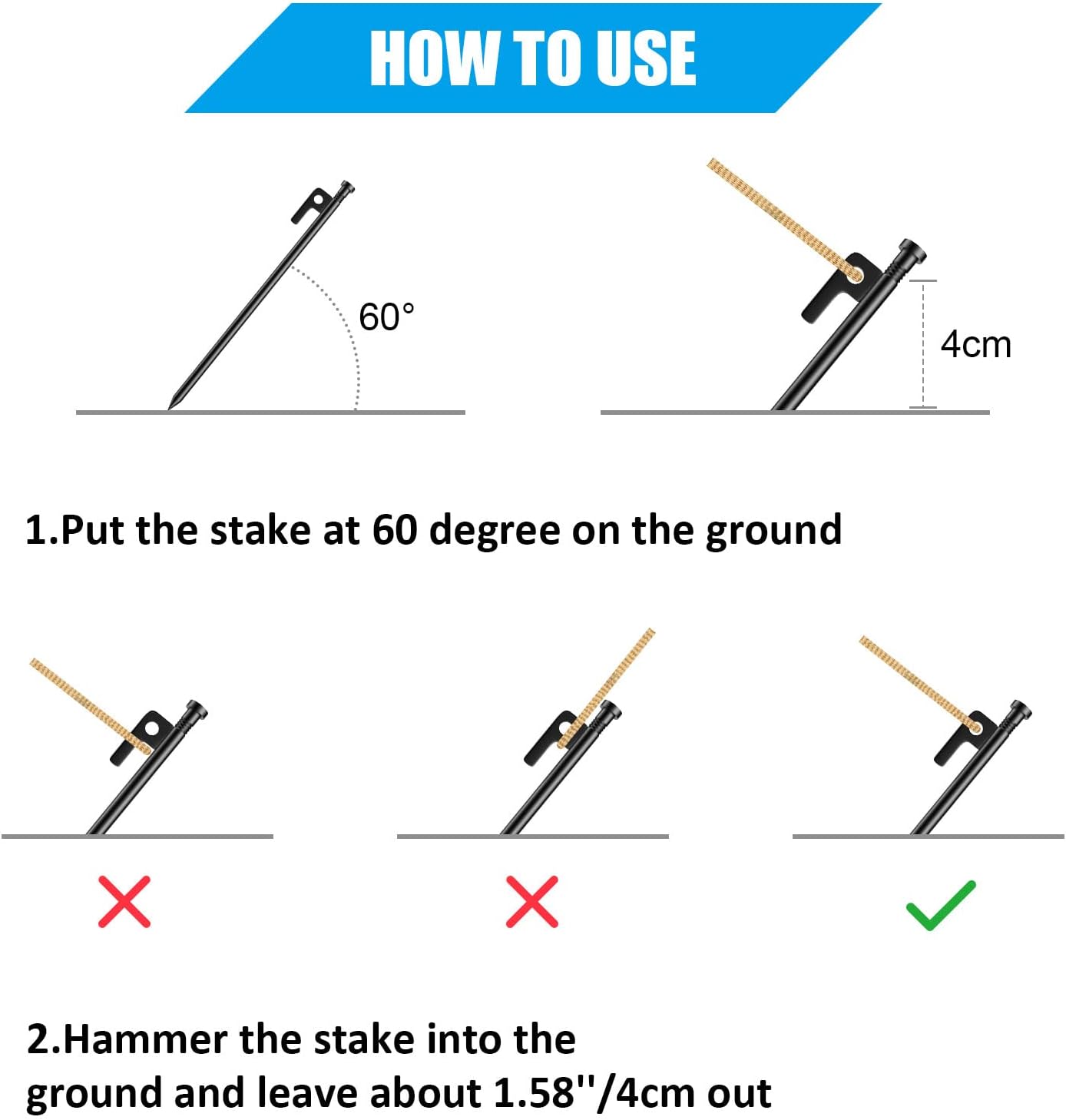 Tent Stakes Heavy Duty Ground Anchors Unbreakable and Inflexible for Camping,Galvanized Non-Rust Metal Tent Pegs 12inch Camping Stakes for Anchoring Tent, 8Pcs Canopy Stakes and 1pcs T-Hook (Back)