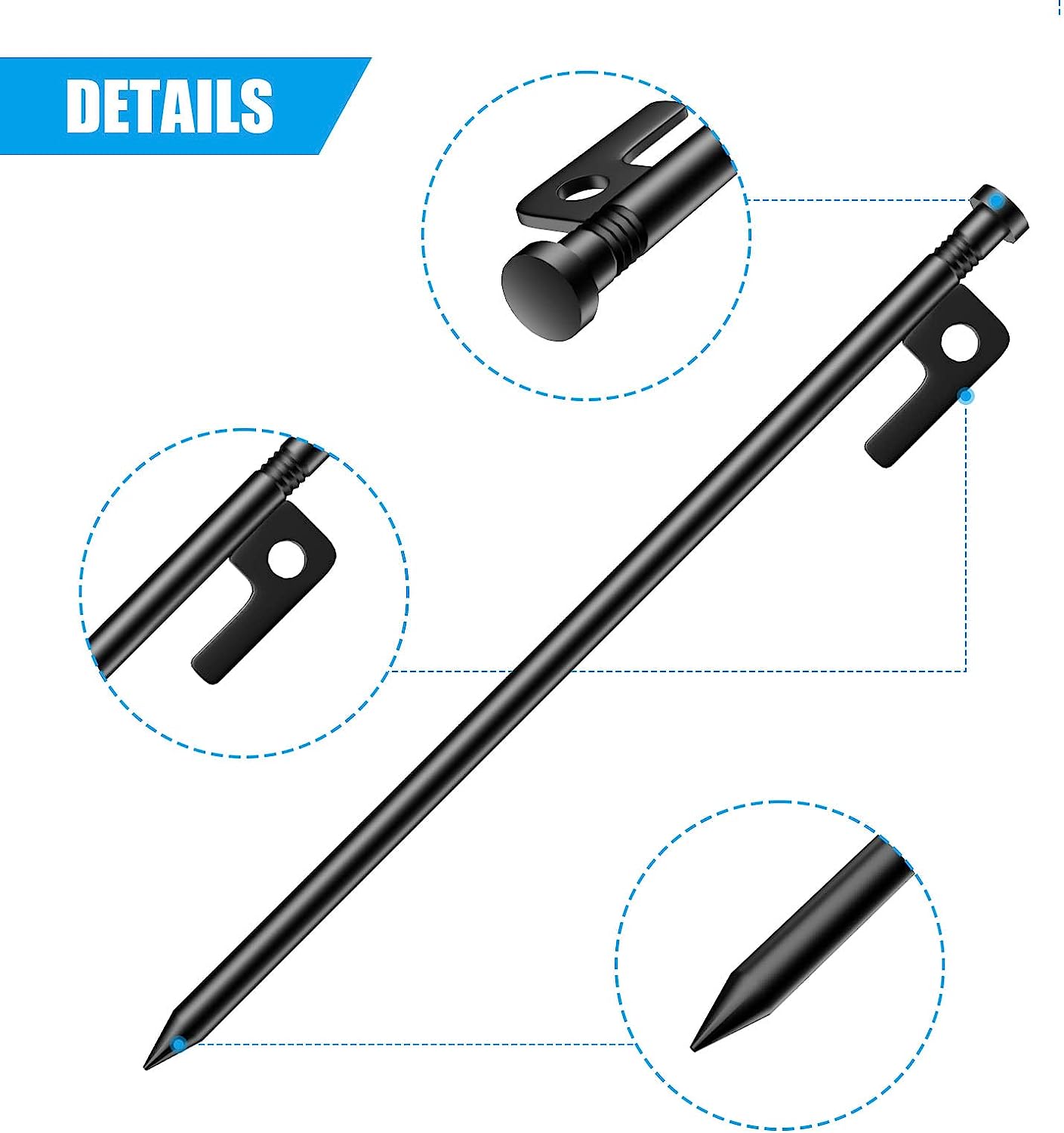 Tent Stakes Heavy Duty Ground Anchors Unbreakable and Inflexible for Camping,Galvanized Non-Rust Metal Tent Pegs 12inch Camping Stakes for Anchoring Tent, 8Pcs Canopy Stakes and 1pcs T-Hook (Back)