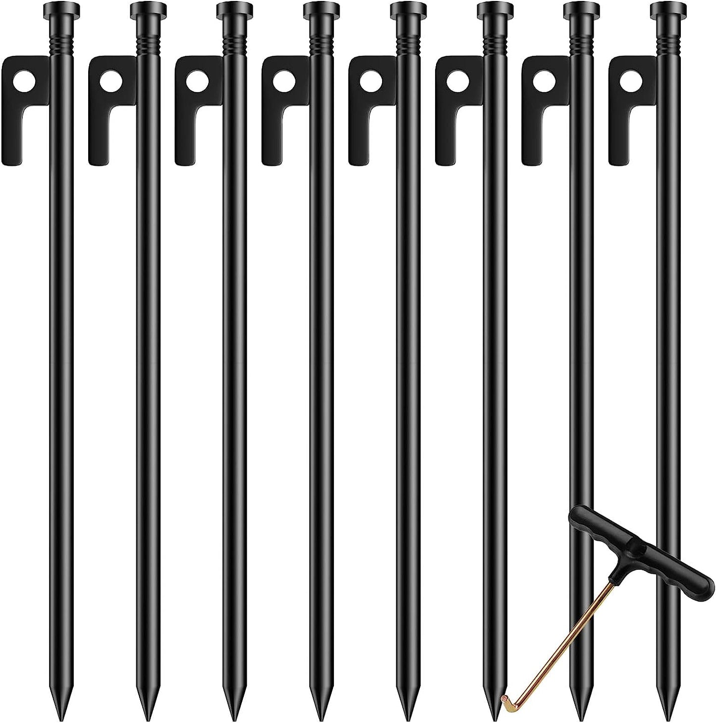 Tent Stakes Heavy Duty Ground Anchors Unbreakable and Inflexible for Camping,Galvanized Non-Rust Metal Tent Pegs 12inch Camping Stakes for Anchoring Tent, 8Pcs Canopy Stakes and 1pcs T-Hook (Back)