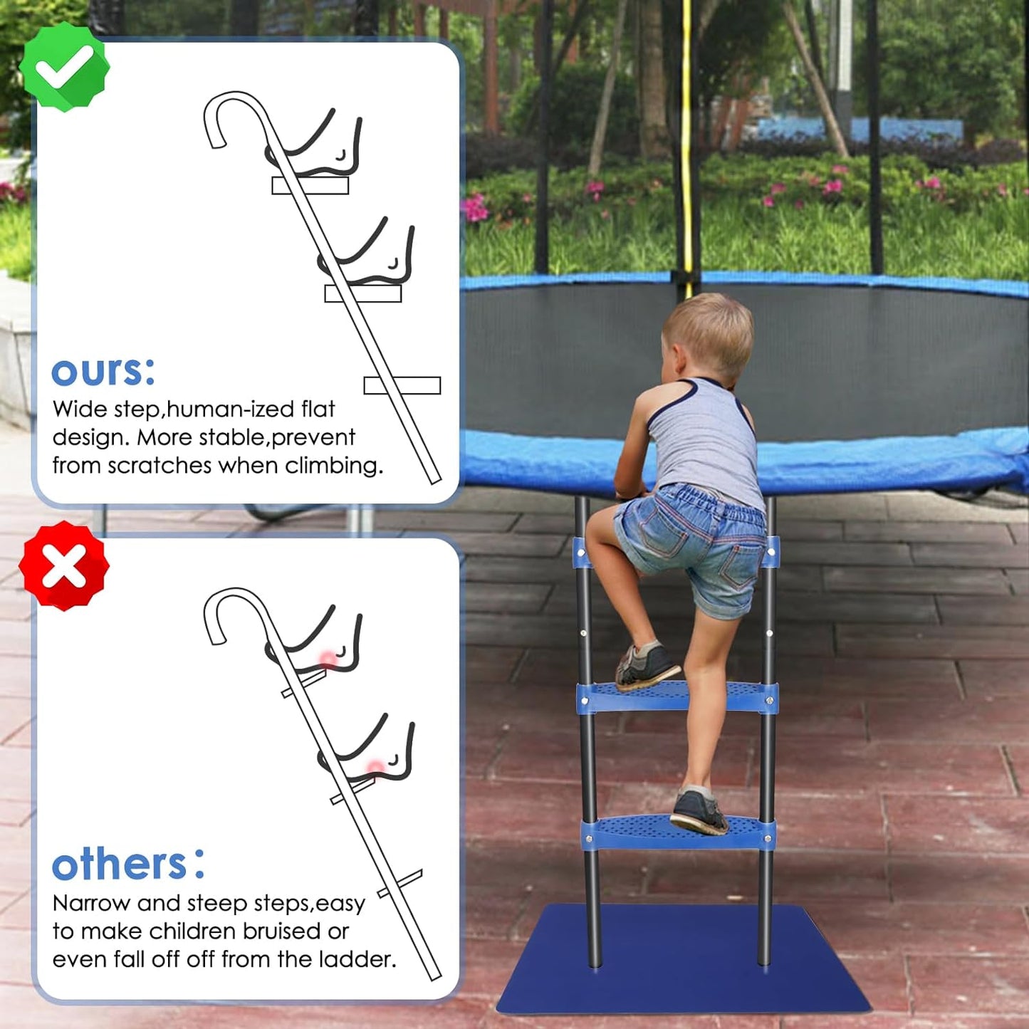 Trampoline Ladder 39inch Long, 3 Step Trampoline Steps with Horizontal Wide Steps, Trampoline Accessories for Kids and Adults (Blue 3 Step)