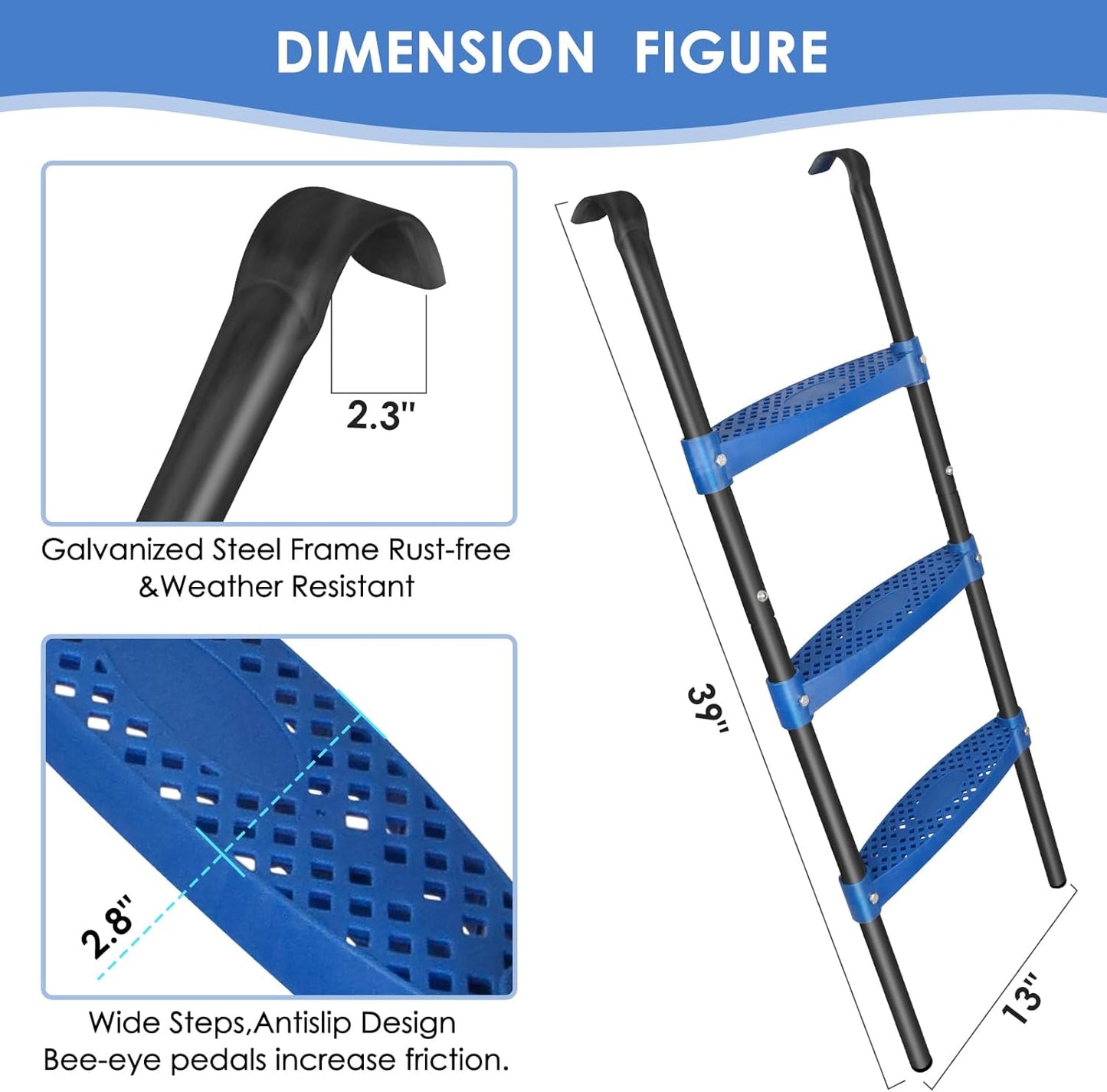 Trampoline Ladder 39inch Long, 3 Step Trampoline Steps with Horizontal Wide Steps, Trampoline Accessories for Kids and Adults (Blue 3 Step)