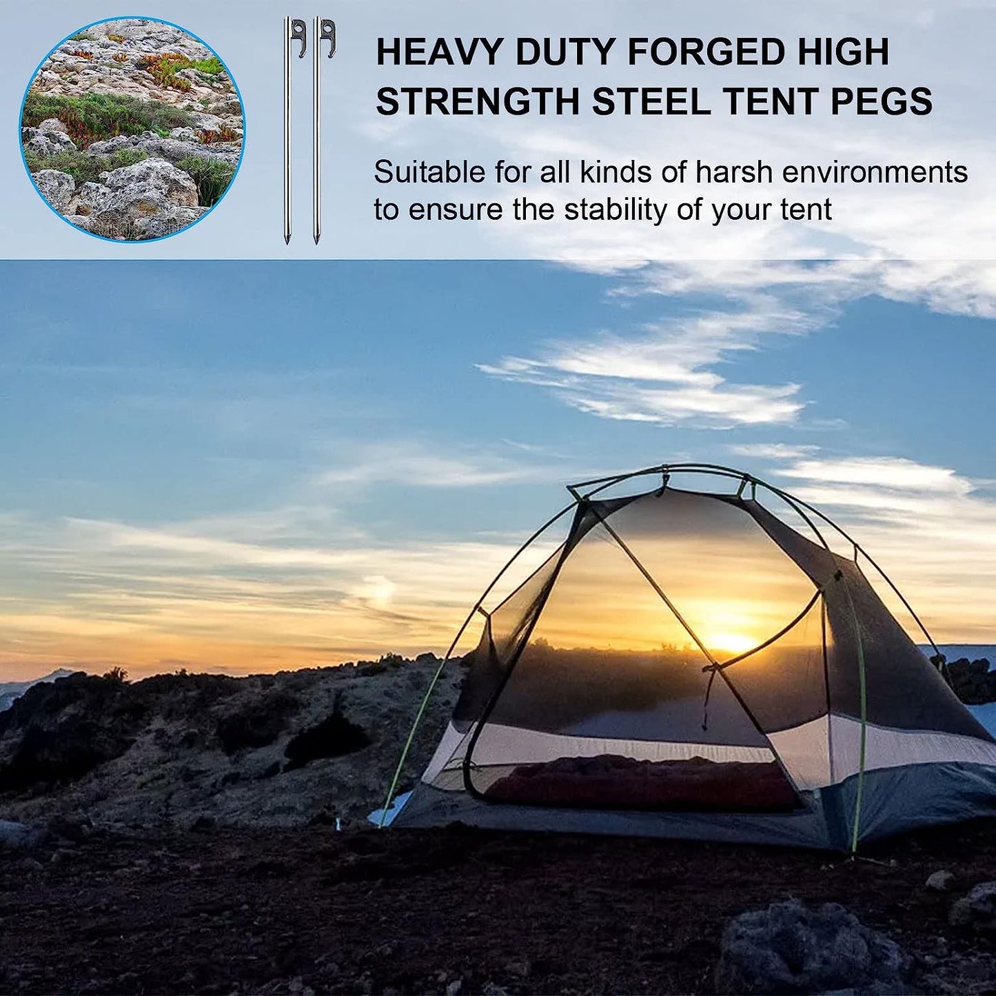 Tent Stakes Heavy Duty Ground Anchors Unbreakable and Inflexible for Camping,Galvanized Non-Rust Metal Tent Pegs 11.8inch Camping Stakes for Anchoring Tent, 8Pcs Canopy Stakes and 1pcs T-Hook