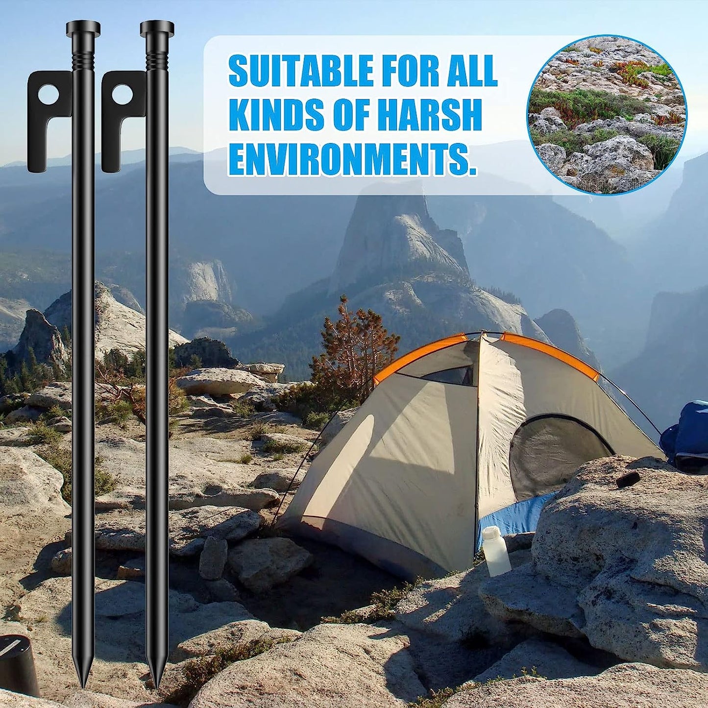 Tent Stakes Heavy Duty Ground Anchors Unbreakable and Inflexible for Camping,Galvanized Non-Rust Metal Tent Pegs 12inch Camping Stakes for Anchoring Tent, 8Pcs Canopy Stakes and 1pcs T-Hook (Back)