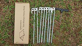Tent Stakes Heavy Duty Ground Anchors Unbreakable and Inflexible for Camping,Galvanized Non-Rust Metal Tent Pegs 11.8inch Camping Stakes for Anchoring Tent, 8Pcs Canopy Stakes and 1pcs T-Hook