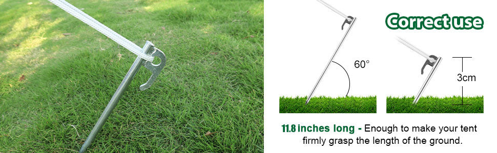 Tent Stakes Heavy Duty Ground Anchors Unbreakable and Inflexible for Camping,Galvanized Non-Rust Metal Tent Pegs 11.8inch Camping Stakes for Anchoring Tent, 8Pcs Canopy Stakes and 1pcs T-Hook
