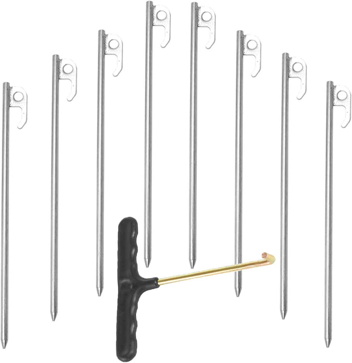 Tent Stakes Heavy Duty Ground Anchors Unbreakable and Inflexible for Camping,Galvanized Non-Rust Metal Tent Pegs 11.8inch Camping Stakes for Anchoring Tent, 8Pcs Canopy Stakes and 1pcs T-Hook