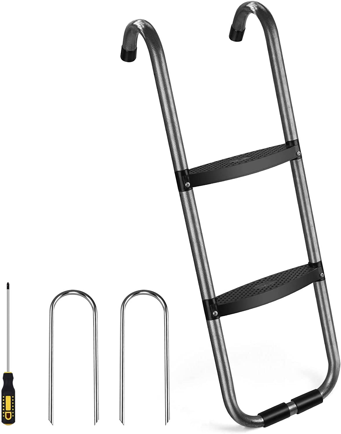 Universal Trampoline Ladder 2 Steps for Trampoline, Rust-Resistant Steel Ladder with Wide Skid-Proof Steps, 41inch Length Trampoline Accessories(inlude 2 Trampoline Stake+Phillips Screwdriver
