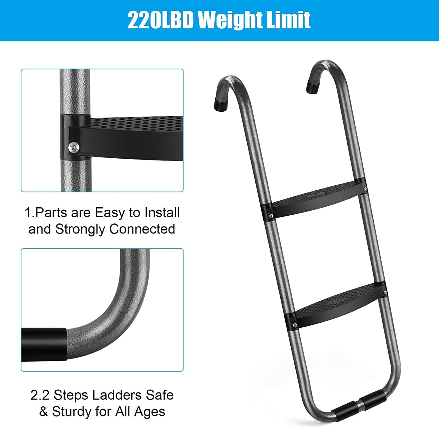 Universal Trampoline Ladder 2 Steps for Trampoline, Rust-Resistant Steel Ladder with Wide Skid-Proof Steps, 41inch Length Trampoline Accessories(inlude 2 Trampoline Stake+Phillips Screwdriver