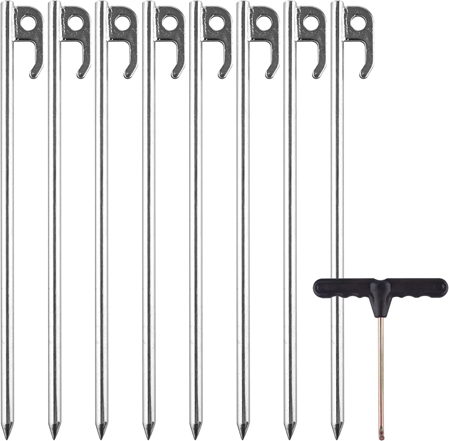 Tent Stakes Heavy Duty Ground Anchors Unbreakable and Inflexible for Camping,Galvanized Non-Rust Metal Tent Pegs 11.8inch Camping Stakes for Anchoring Tent, 8Pcs Canopy Stakes and 1pcs T-Hook