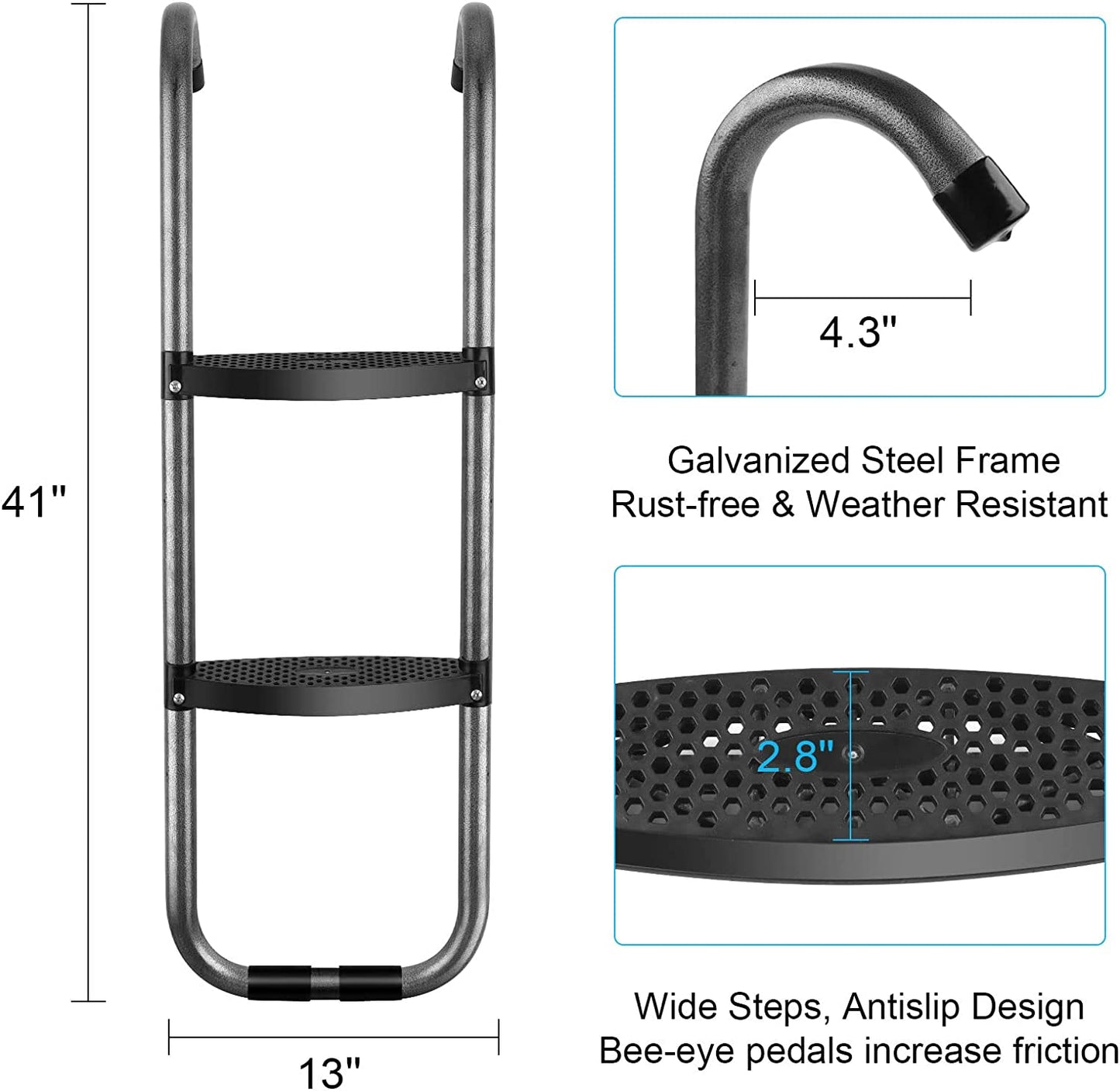 Universal Trampoline Ladder 2 Steps for Trampoline, Rust-Resistant Steel Ladder with Wide Skid-Proof Steps, 41inch Length Trampoline Accessories(inlude 2 Trampoline Stake+Phillips Screwdriver