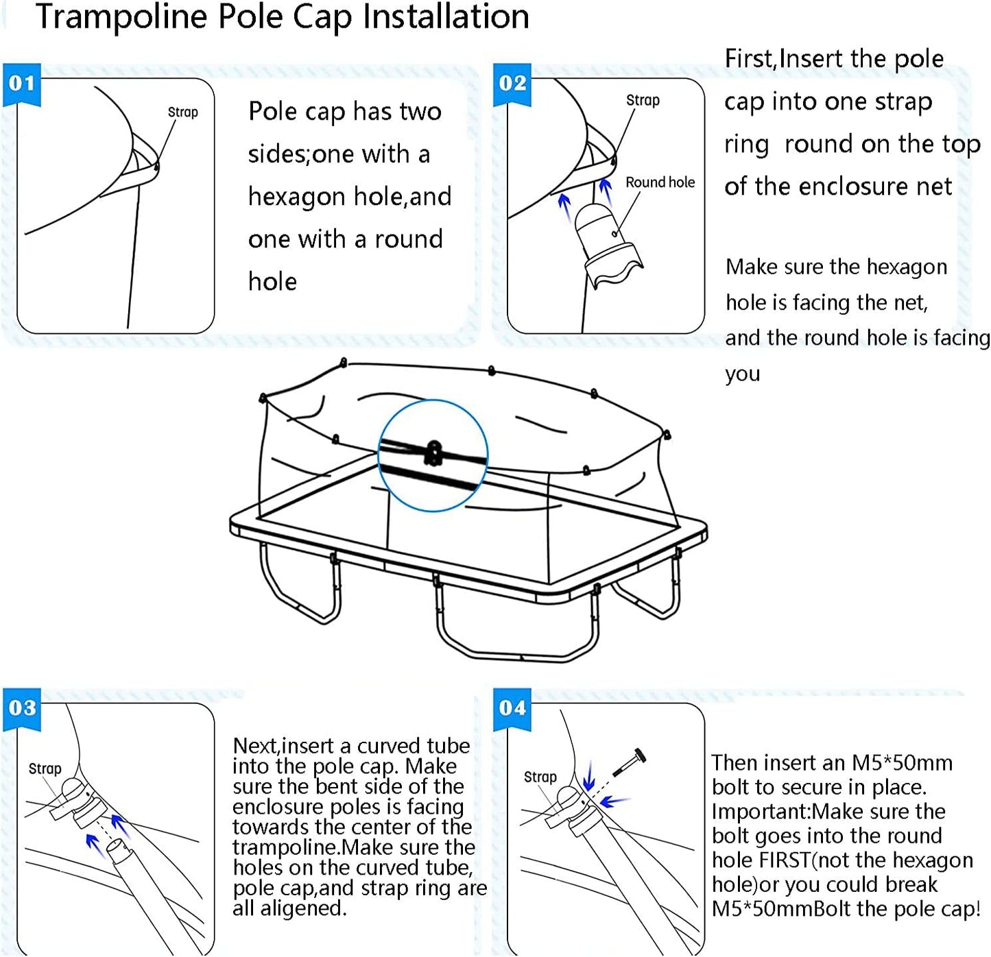 synoratory 1.5”Diameter Trampoline Enclosure Pole Caps with Screw Thumb for Trampoline Net Hook, 8 Pieces Safety Trampoline Pole Caps Blue