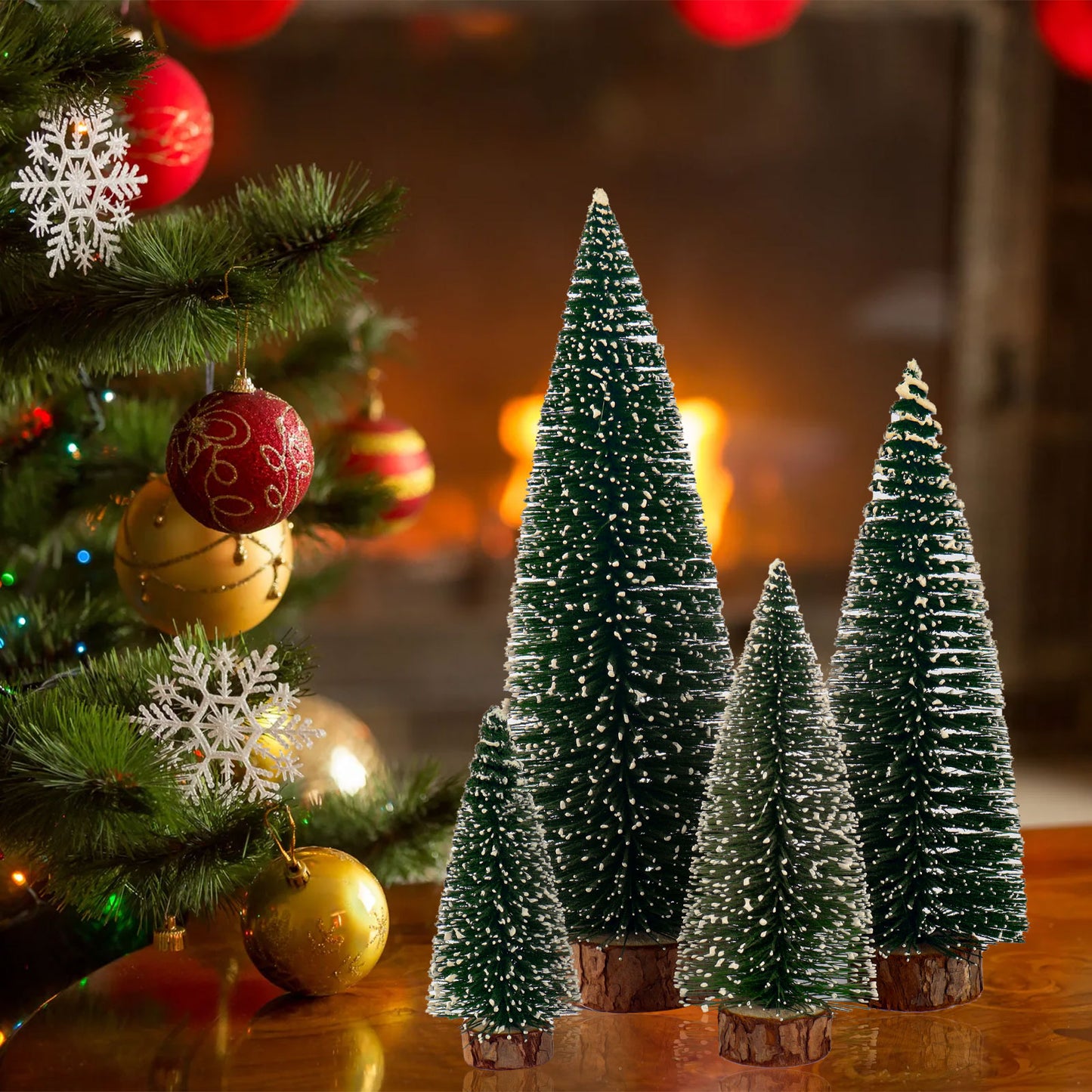 Small Christmas Tree,Mini Christmas Tree, Mini Pine Tree, Bottle Brush Fake Trees with Wooden Base for Tabletop Decorative (Plant Green)