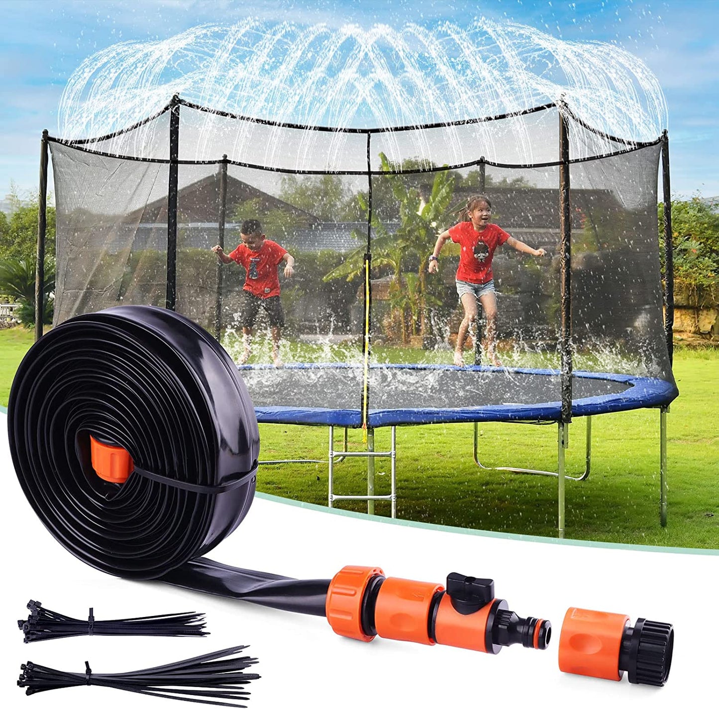Trampoline Sprinkler, 39.3FT Trampoline Water Sprinkler for Kids, Summer Toys Outdoor Water Toys Sprinkler for Kids, Fun Summer Backyard Waterpark Sprinklers Toys for Boys Girls Trampoline Accessories
