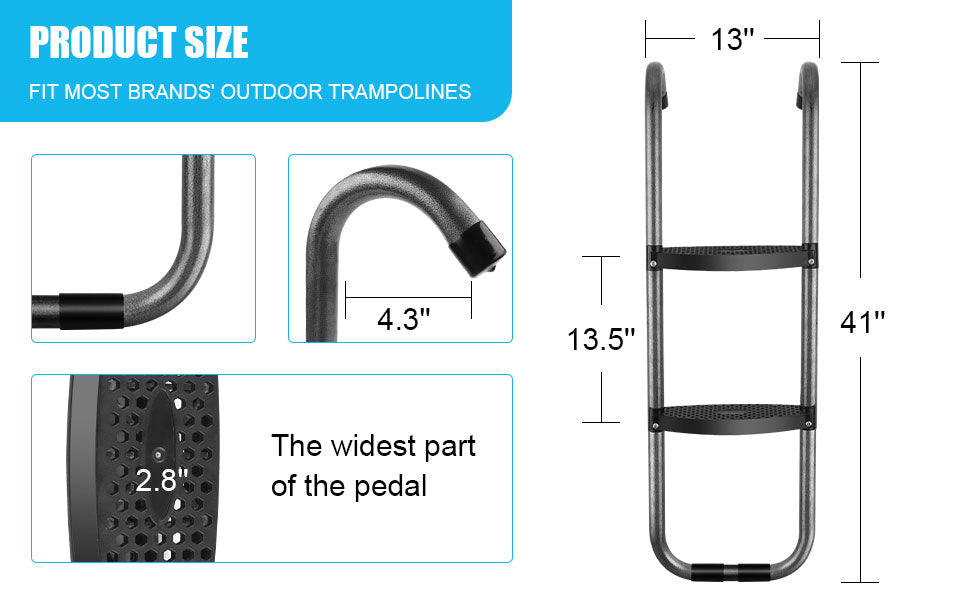 Universal Trampoline Ladder 2 Steps for Trampoline, Rust-Resistant Steel Ladder with Wide Skid-Proof Steps, 41inch Length Trampoline Accessories(inlude 2 Trampoline Stake+Phillips Screwdriver