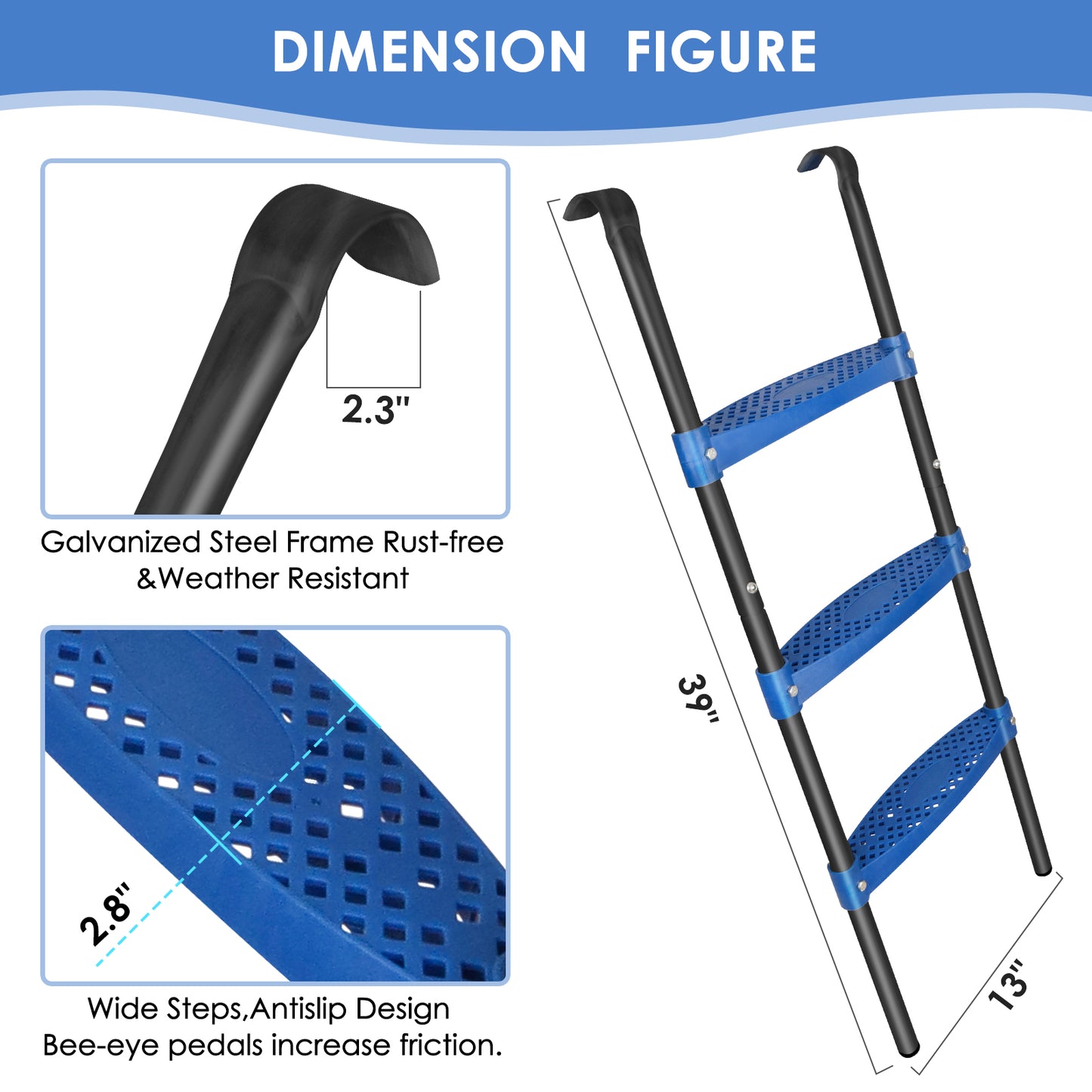 Synoratory Trampoline Ladder 3 Steps,Rust-Resistant Steel Ladder,Wide Skid-Proof Steps