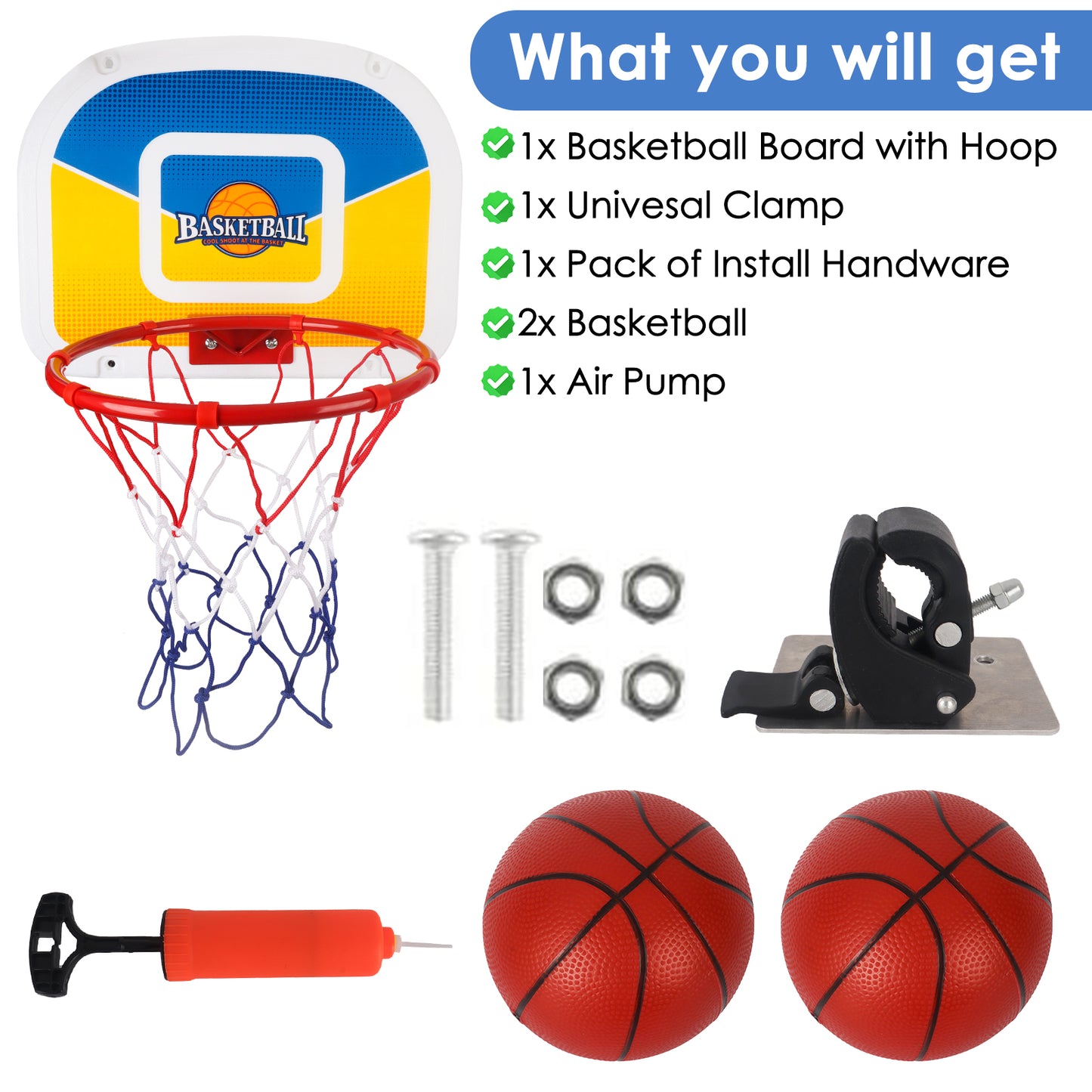 Trampoline Basketball Hoop,Mini Basketball and Pump Straight Pipe Trampoline Basketball Attachment Hoop diameter 9inch