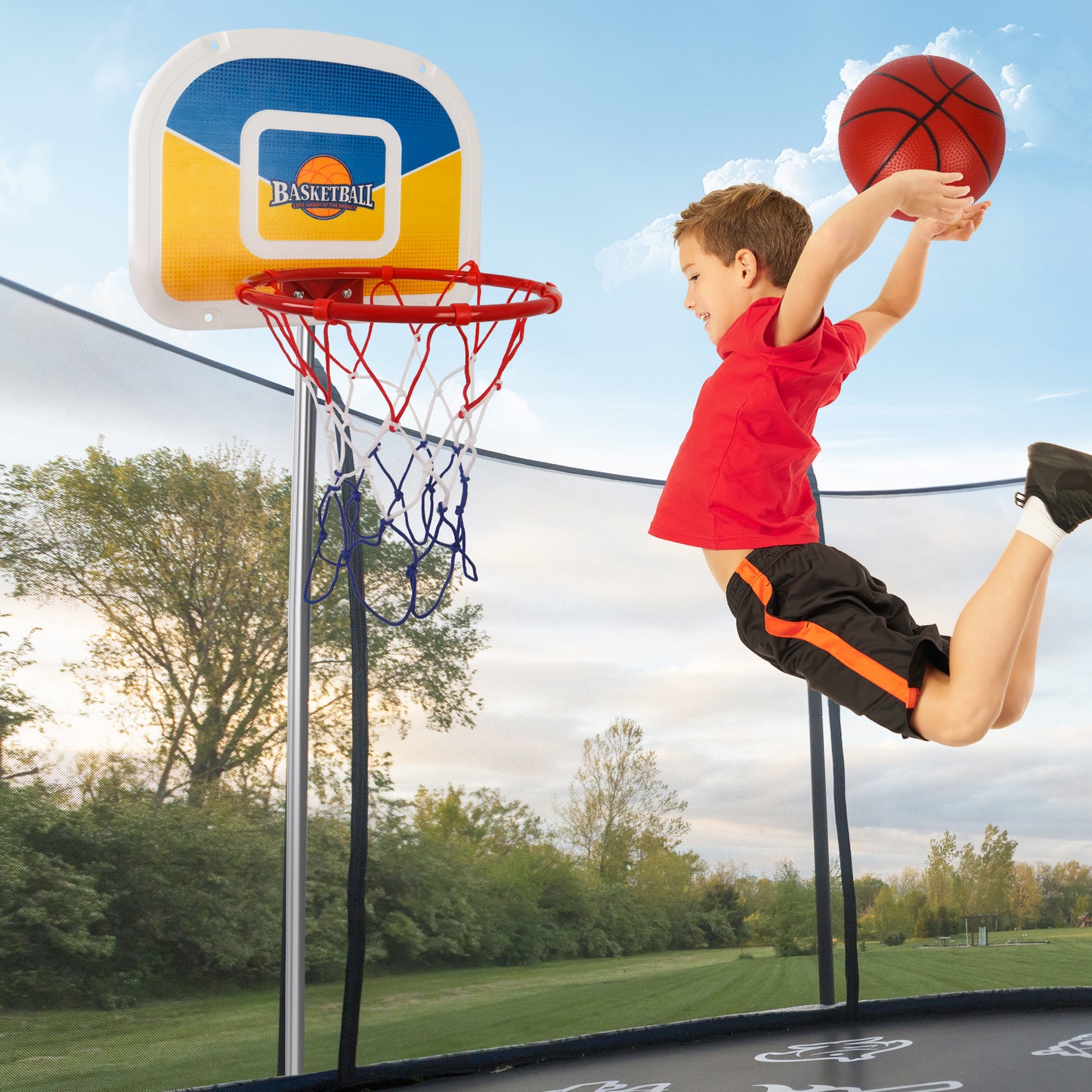 Trampoline Basketball Hoop,Mini Basketball and Pump Straight Pipe Trampoline Basketball Attachment Hoop diameter 9inch