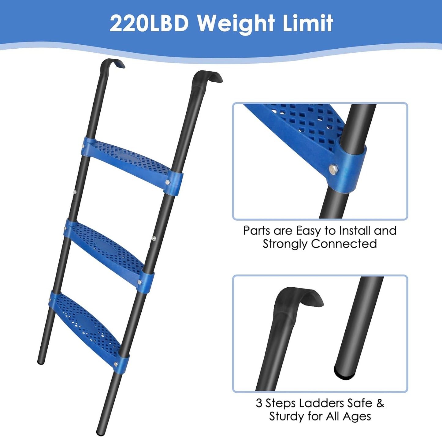 Trampoline Ladder 39inch Long, 3 Step Trampoline Steps with Horizontal Wide Steps, Trampoline Accessories for Kids and Adults (Blue 3 Step)