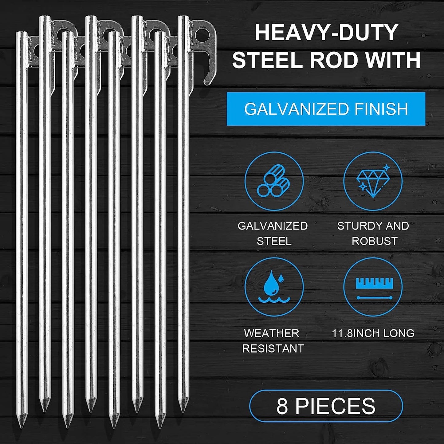 Tent Stakes Heavy Duty Ground Anchors Unbreakable and Inflexible for Camping,Galvanized Non-Rust Metal Tent Pegs 11.8inch Camping Stakes for Anchoring Tent, 8Pcs Canopy Stakes and 1pcs T-Hook