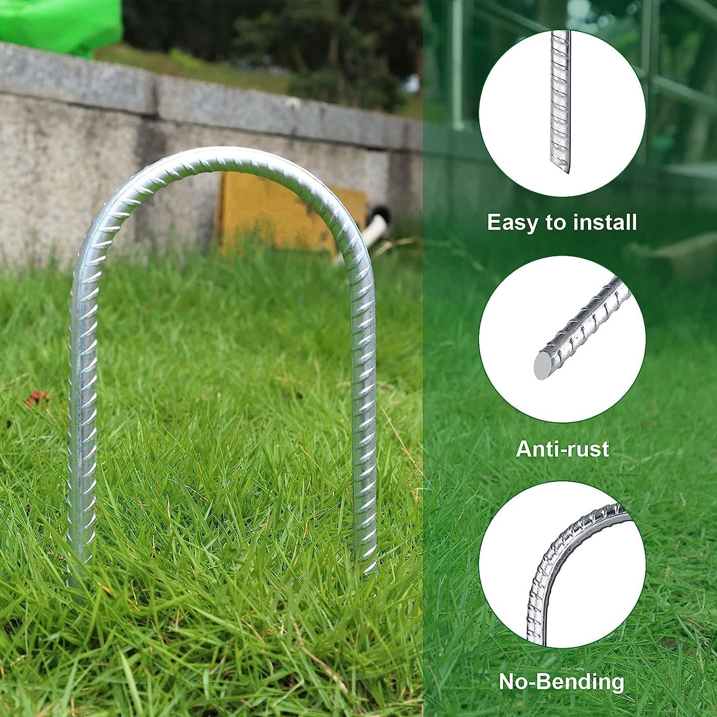 Trampoline Stakes Anchors High Wind Heavy Duty Trampoline Anchor Kit U Type Sharp Ends Safety Ground Anchor Galvanized Steel for Soccer Goals, Camping Tents and Huge Garden Decoration (8Pcs, Silver)