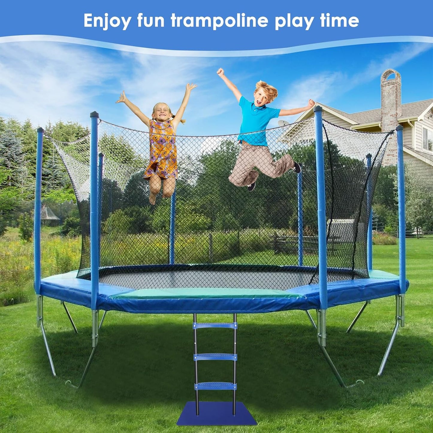 Trampoline Ladder 39inch Long, 3 Step Trampoline Steps with Horizontal Wide Steps, Trampoline Accessories for Kids and Adults (Blue 3 Step)