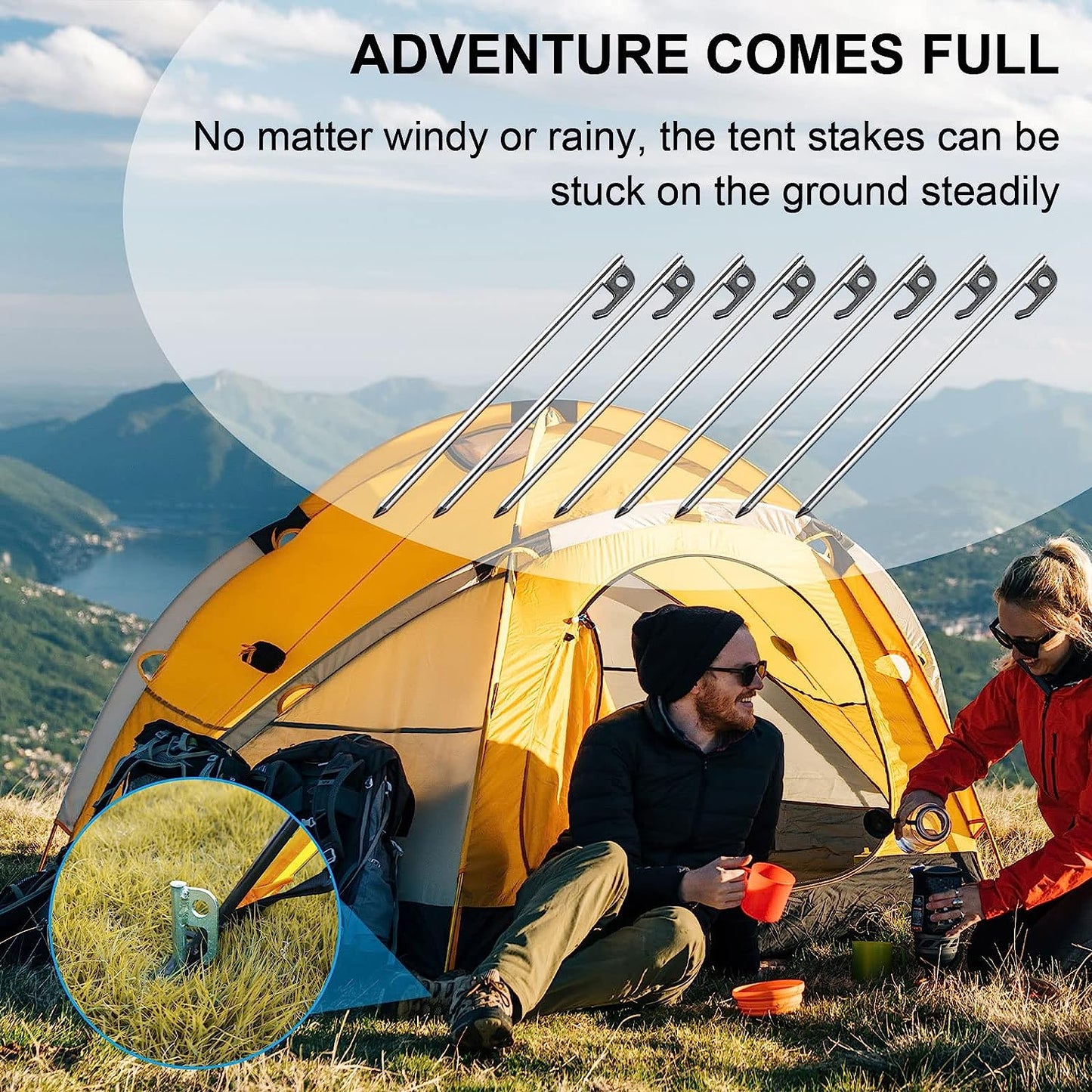 Tent Stakes Heavy Duty Ground Anchors Unbreakable and Inflexible for Camping,Galvanized Non-Rust Metal Tent Pegs 11.8inch Camping Stakes for Anchoring Tent, 8Pcs Canopy Stakes and 1pcs T-Hook
