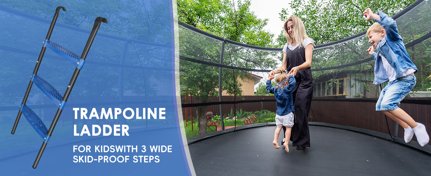 Trampoline Ladder 39inch Long, 3 Step Trampoline Steps with Horizontal Wide Steps, Trampoline Accessories for Kids and Adults (Blue 3 Step)