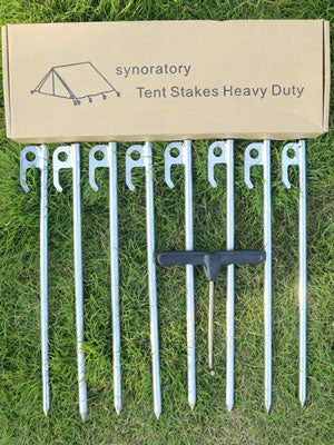 Tent Stakes Heavy Duty Ground Anchors Unbreakable and Inflexible for Camping,Galvanized Non-Rust Metal Tent Pegs 11.8inch Camping Stakes for Anchoring Tent, 8Pcs Canopy Stakes and 1pcs T-Hook