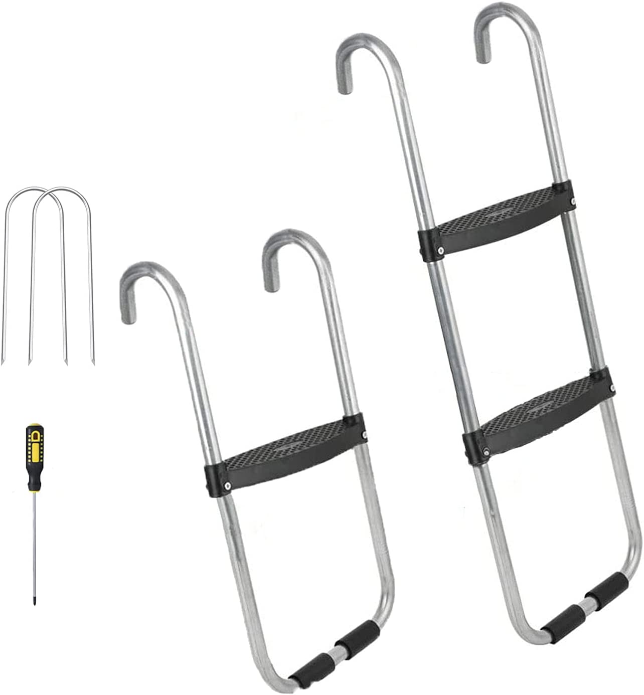 Universal Trampoline Ladder 2 Steps for Trampoline, Rust-Resistant Steel Ladder with Wide Skid-Proof Steps, 41inch Length Trampoline Accessories(inlude 2 Trampoline Stake+Phillips Screwdriver