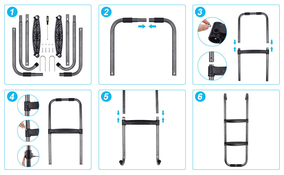 Universal Trampoline Ladder 2 Steps for Trampoline, Rust-Resistant Steel Ladder with Wide Skid-Proof Steps, 41inch Length Trampoline Accessories(inlude 2 Trampoline Stake+Phillips Screwdriver